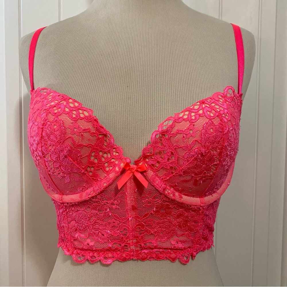 Victoria’s Secret Bra 36B, Bright Pink Floral Lace Longline Bustier Bra, EUC